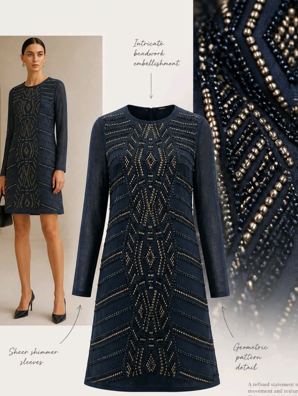 MARINA Navy Beaded Long-Sleeve Shift Dress